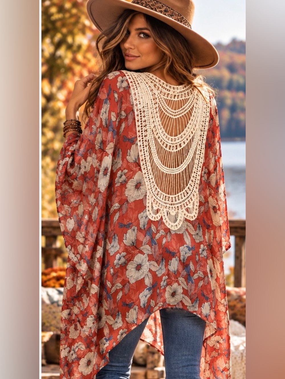 Cato Red Floral Kimono Cover Up One Size Crochet Back Boho Asymmetrical - Picture 3 of 9